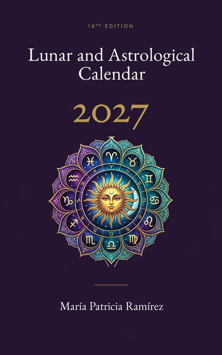Book cover: Lunar and Astrological Calendar 2027, 16th edition, by María Patricia Ramírez, with the zodiac mandala on a violet background